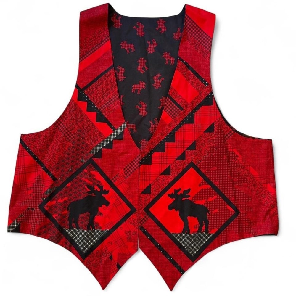 Vtg 90s winter vest handmade moose reindeer 1X red black Christmas patchwork‎